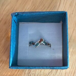 Chevron Silver Ring with Turquoise and Red Accents